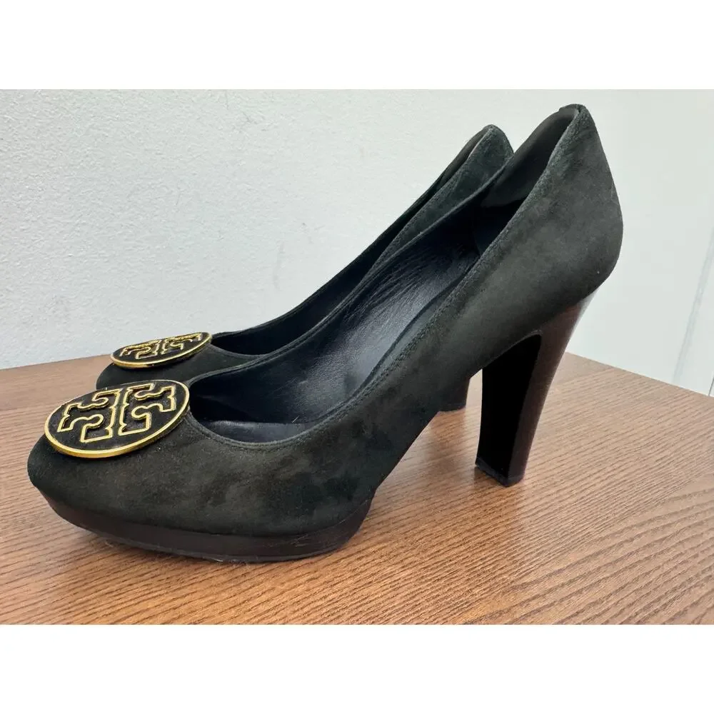 TORY BURCH SUEDE MADALLION HEEL 1/2 PLATFORM SIZE 10M (SH300THRIFTY